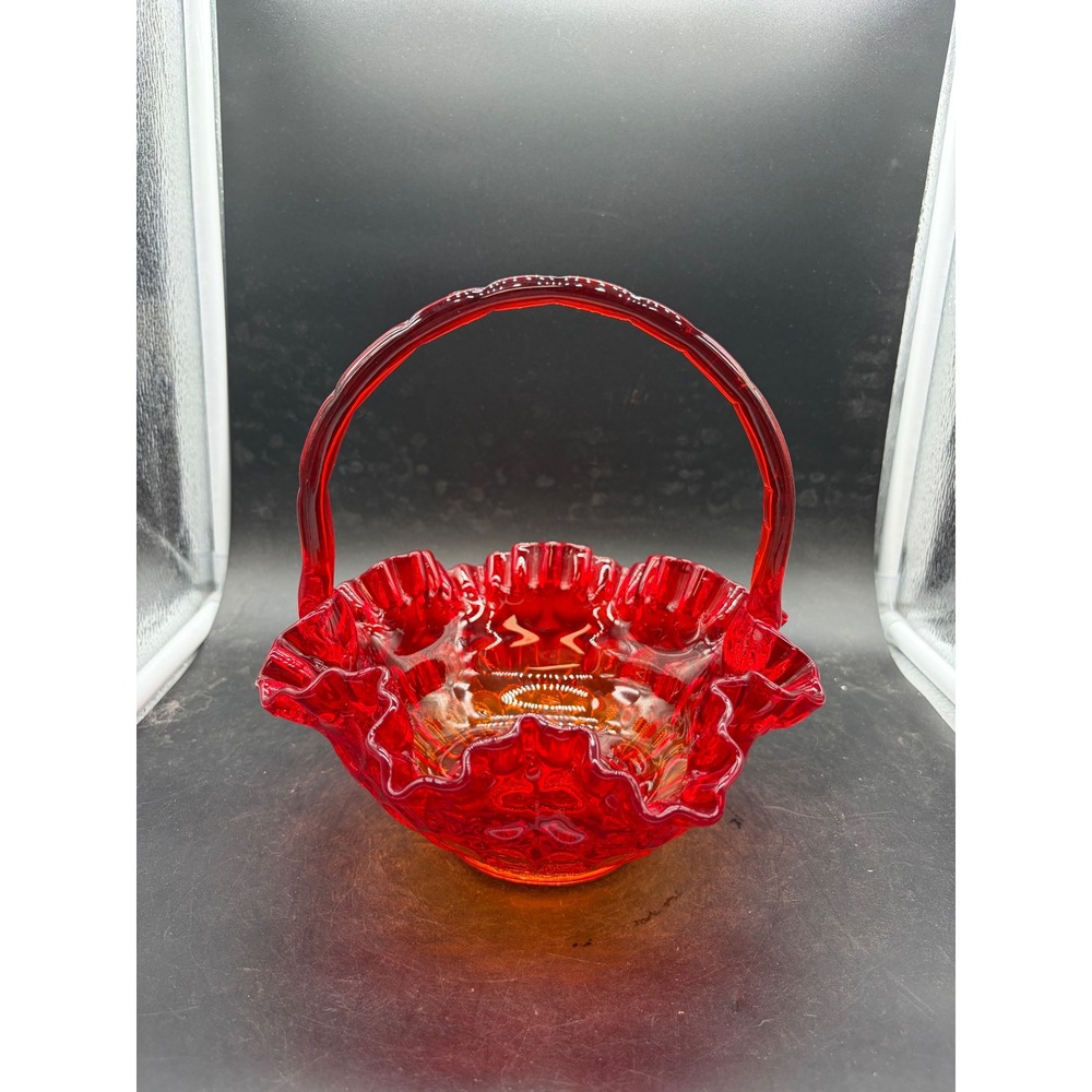 Vintage Fenton Amberina Red Orange Glass Basket Ruffled Rim Twisted Handle 6.5in